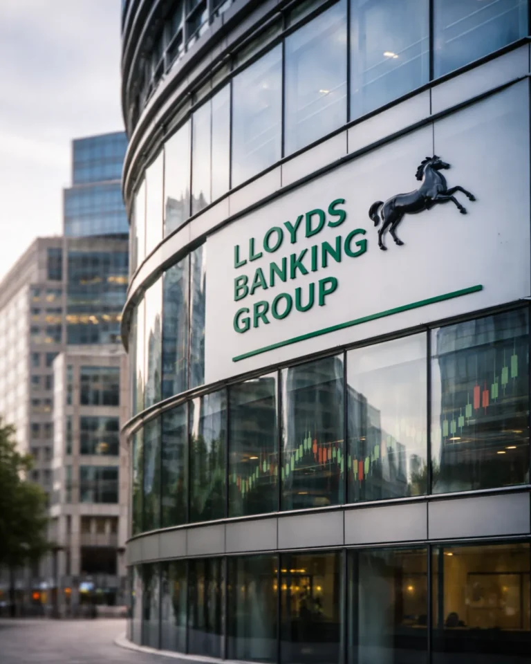 Lloyds Banking Group headquarters in London with stock chart reflections on glass façade as LSE: LLOY share price hovers near 102p ahead of earnings.