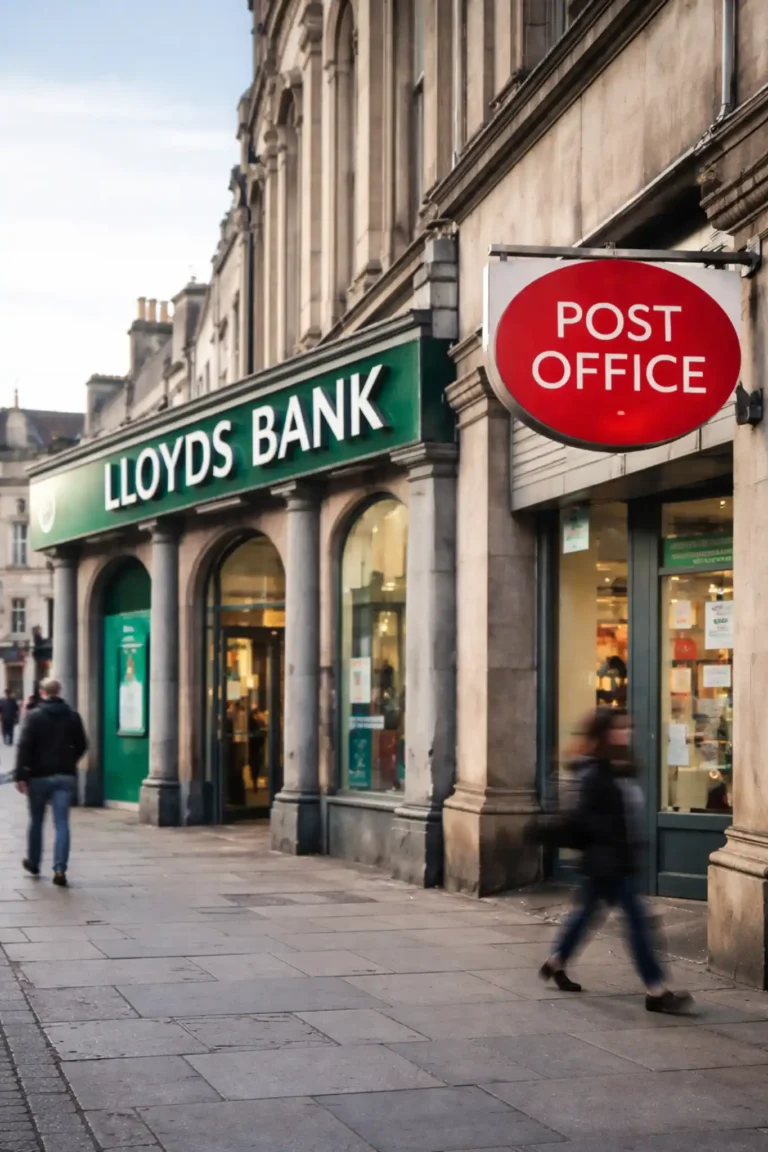 Lloyds Bank branch exterior next to a UK Post Office sign on a high street during early morning light