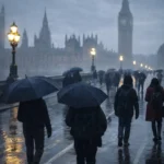 Overcast winter morning in London with commuters walking under umbrellas near Big Ben as drizzle falls and pavements reflect street lights.