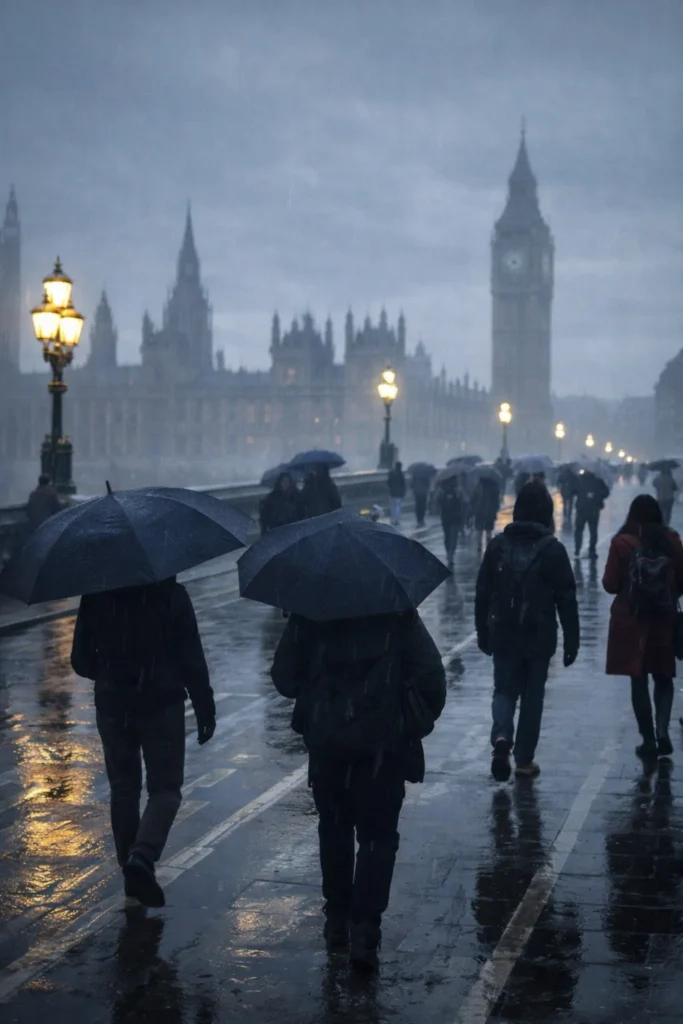 Overcast winter morning in London with commuters walking under umbrellas near Big Ben as drizzle falls and pavements reflect street lights.