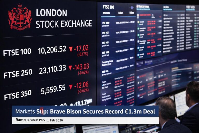London Stock Exchange screens show FTSE indices dipping as Brave Bison secures record €1.3m MiniMBA contract