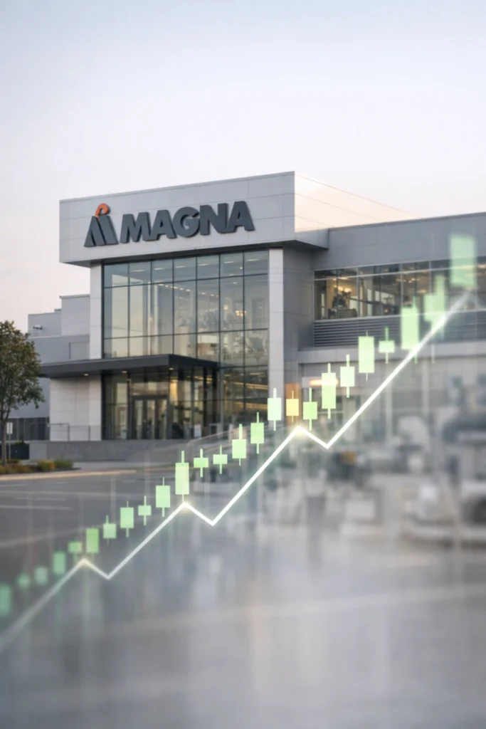 Magna International facility exterior with upward candlestick chart representing MGA stock rally