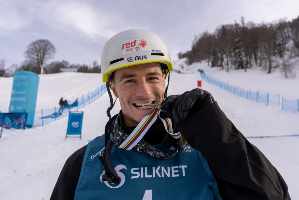 Matt Graham competing in Olympic moguls semi-final race representing Australia