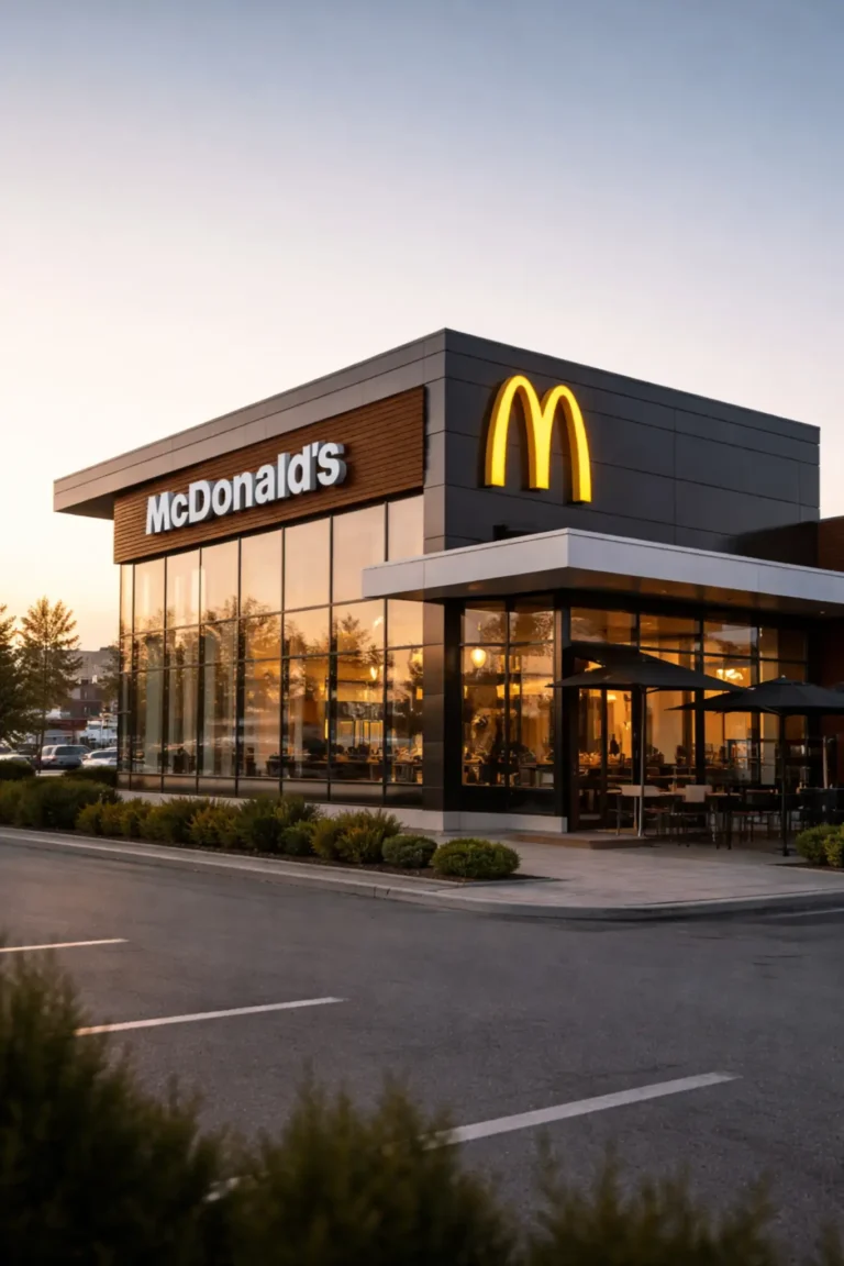 Modern McDonaldâs restaurant exterior at sunrise with glass facade and illuminated golden arches, reflecting global expansion growth strategy.