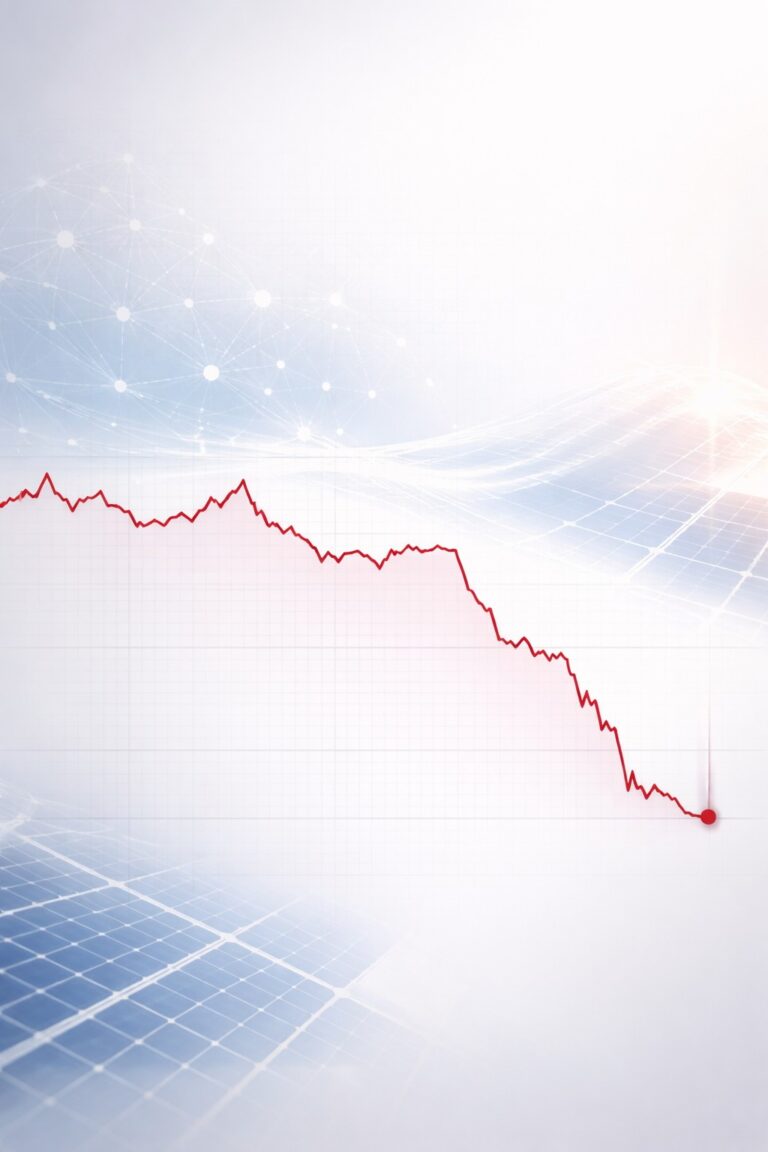 Abstract financial market illustration showing a Meta stock pullback with AI and clean energy themes.