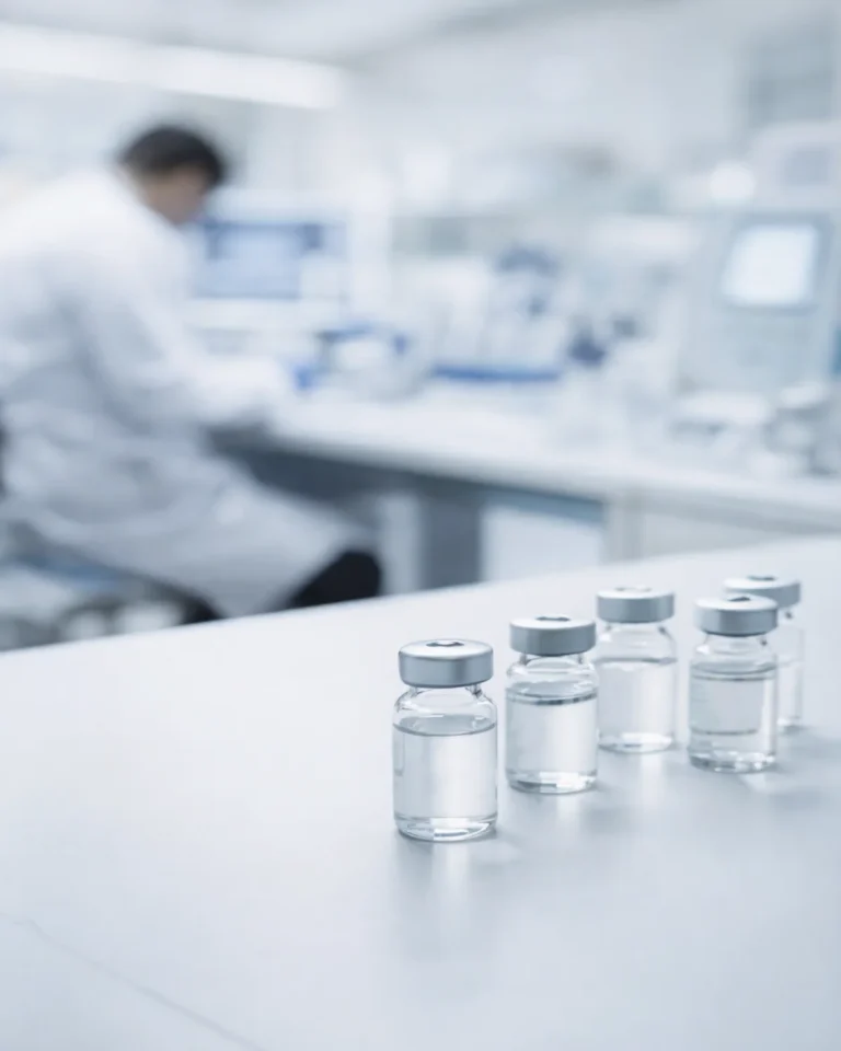 Biotech laboratory scene with vaccine vials in the foreground and a researcher working in a clinical lab environment.