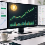 Modern financial trading desk with multiple monitors displaying a rising Bitcoin price chart in green candlesticks, representing MicroStrategy (NASDAQ: MSTR) stock momentum in Q1 2026.
