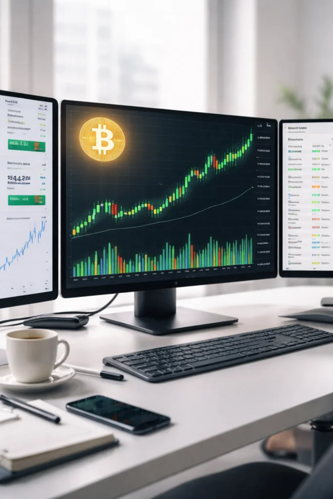 Modern financial trading desk with multiple monitors displaying a rising Bitcoin price chart in green candlesticks, representing MicroStrategy (NASDAQ: MSTR) stock momentum in Q1 2026.