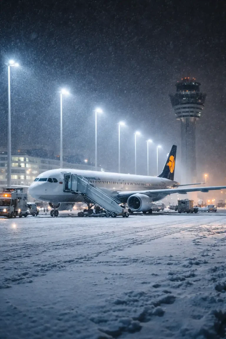 Munich airport snow disruption at night with grounded aircraft amid flight cancellations and travel delays in Europe