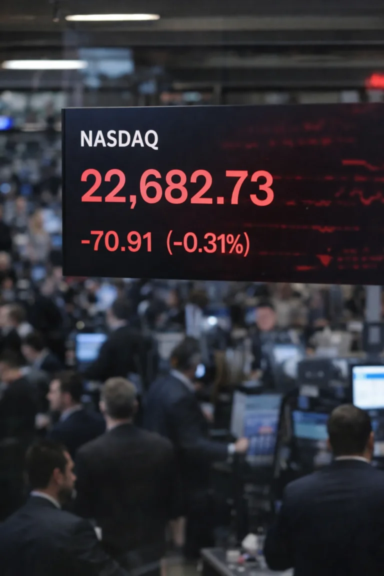 Nasdaq Composite at 22,682 down 0.31% on trading floor display.