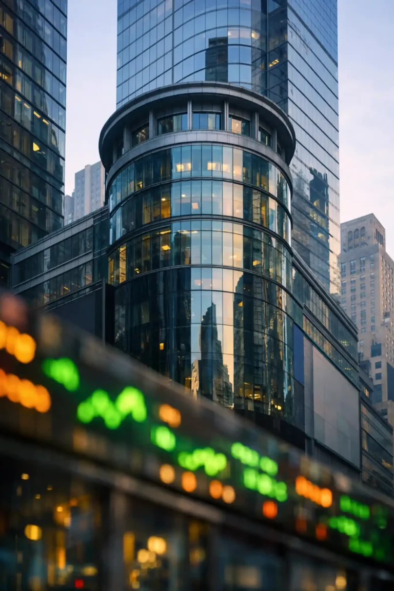 Nasdaq MarketSite building in early morning light with blurred stock ticker reflections symbolizing US market rally.