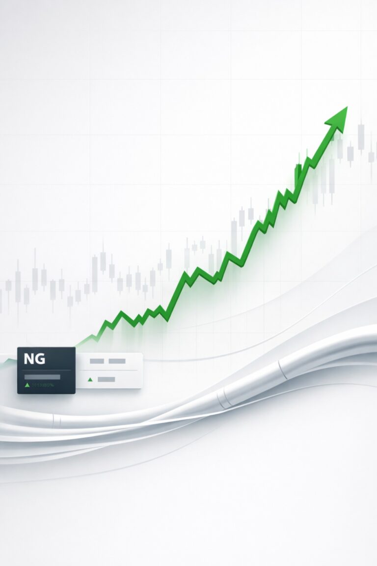 Natural gas prices rising with an upward green chart, symbolizing a sharp breakout in NG futures in US energy markets.