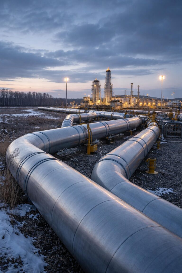 Natural gas pipelines and energy processing facility at dusk in the United States