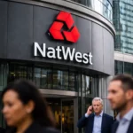 Exterior of NatWest headquarters in London with red cube logo on a curved glass office building and pedestrians walking past in the foreground.
