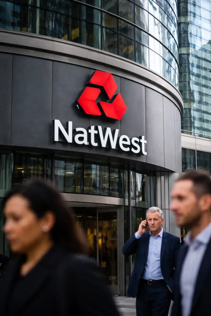 Exterior of NatWest headquarters in London with red cube logo on a curved glass office building and pedestrians walking past in the foreground.