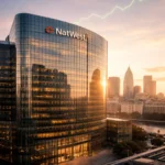 NatWest London headquarters reflecting sunrise light as shares and profits rise in 2025 earnings report.