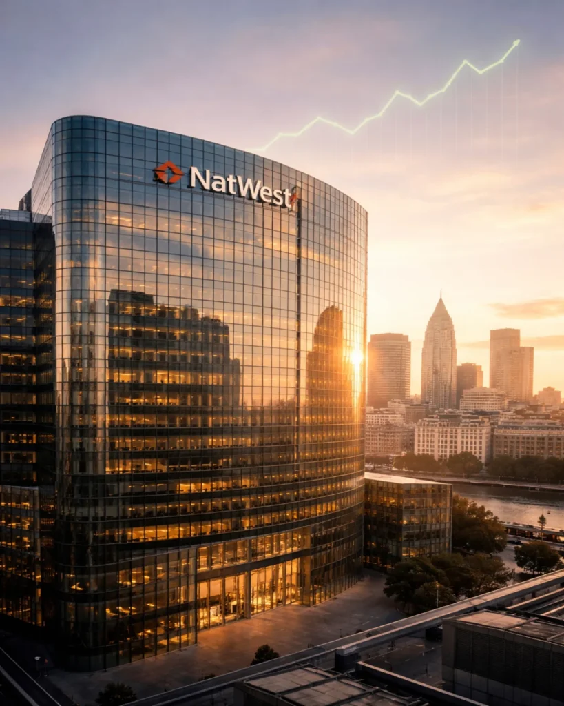 NatWest London headquarters reflecting sunrise light as shares and profits rise in 2025 earnings report.