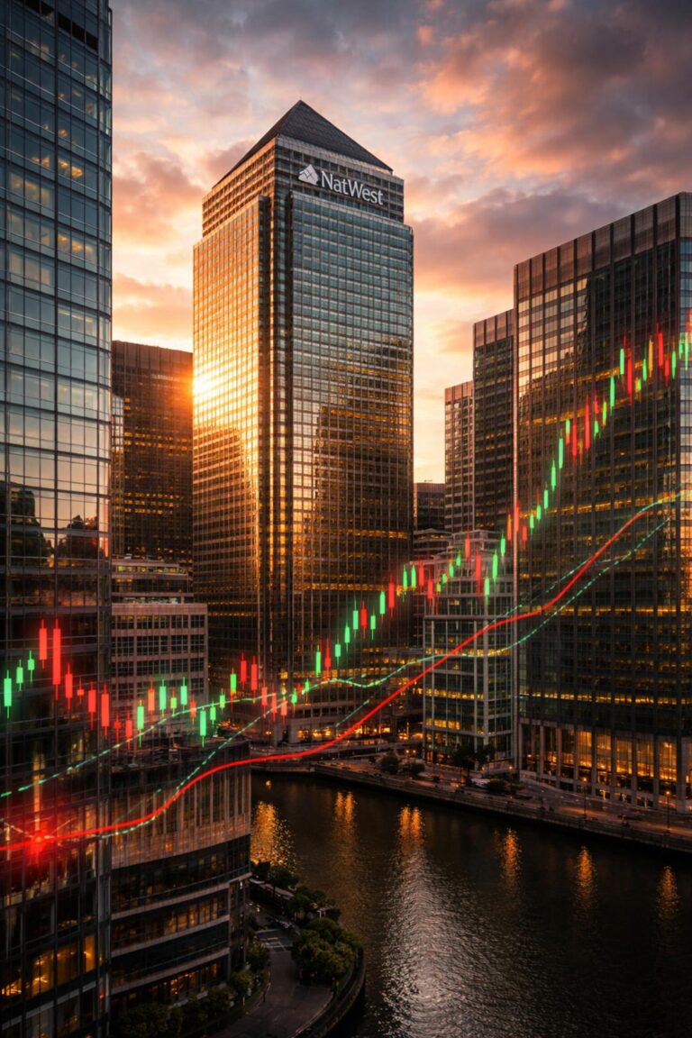 NatWest London headquarters with stock chart reflection at sunrise