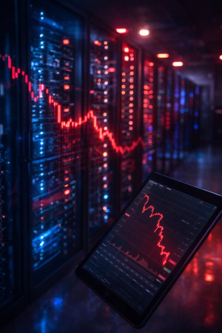 AI data center with glowing GPU servers and red stock market chart reflecting Nebius NBIS share decline after earnings