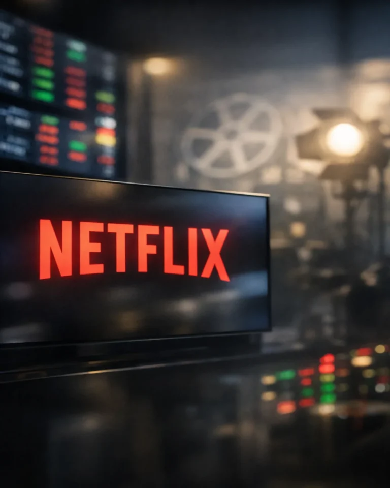 Netflix streaming interface displayed on a television with subtle AI-themed digital elements representing the companyâs acquisition of Ben Affleckâs AI filmmaking startup InterPositive.