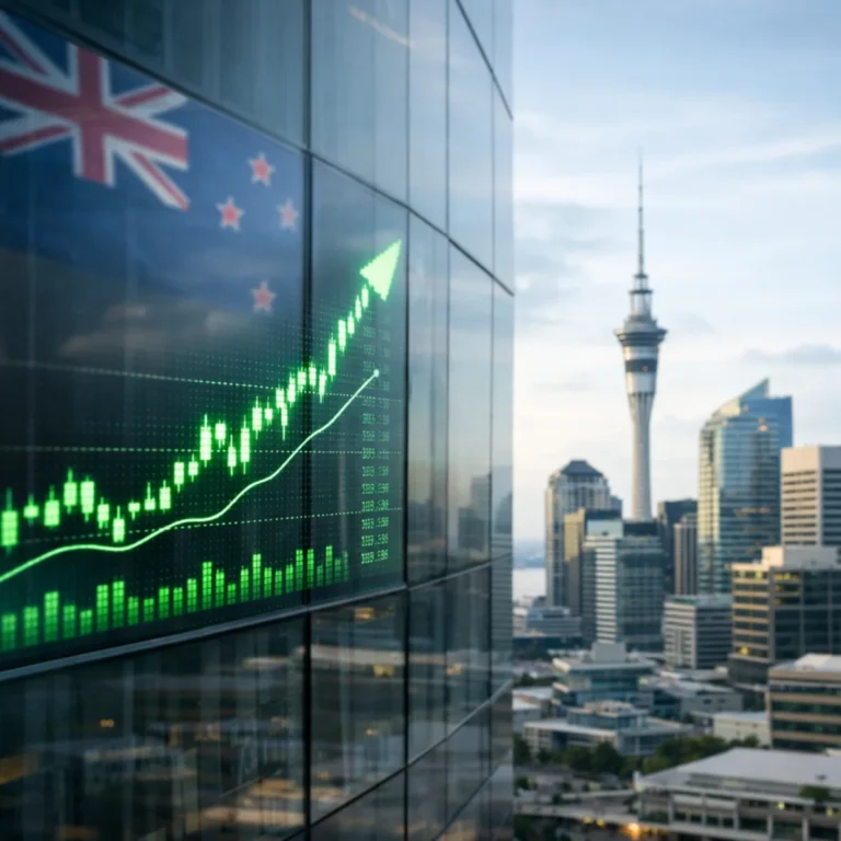 NZX 50 rises as green stock market chart reflects on glass building with Auckland financial district skyline