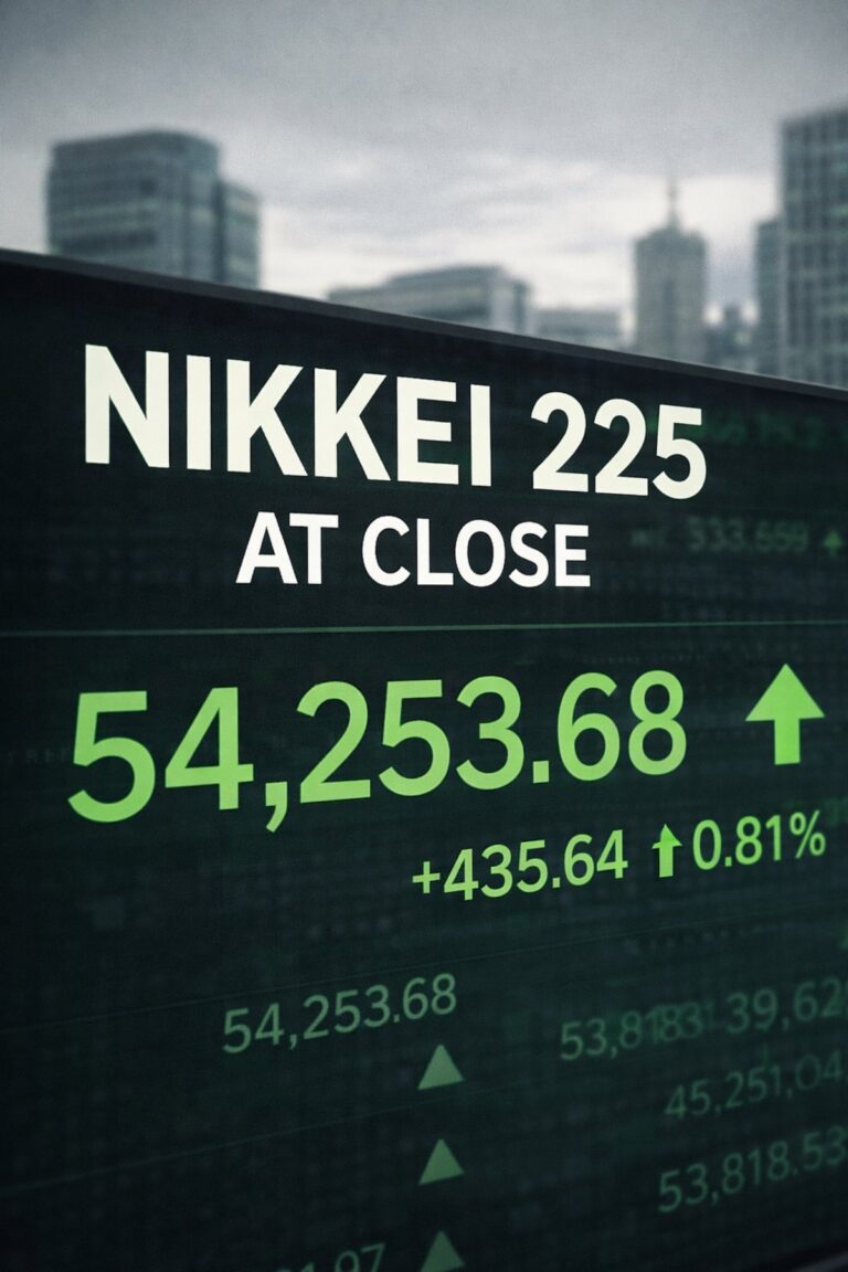 “Nikkei 225 at close showing the index up 435 points to 54,253 as Japan stocks finish higher”