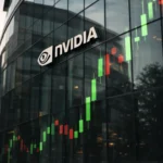 NVIDIA headquarters glass exterior with green and red stock candlestick reflections symbolizing NVDA share price volatility ahead of earnings.