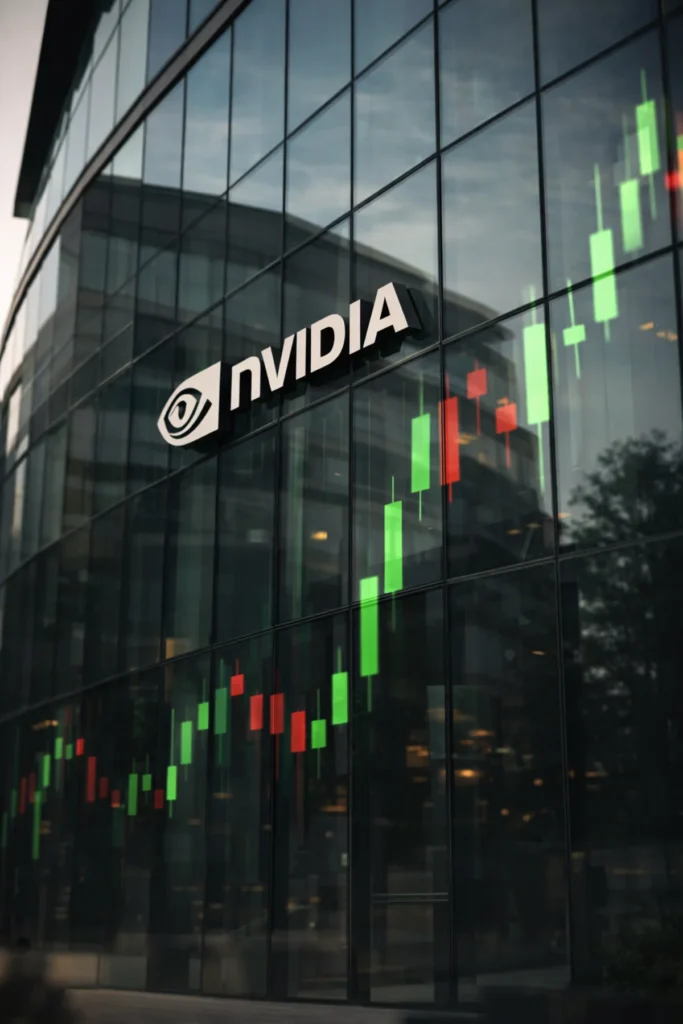 NVIDIA headquarters glass exterior with green and red stock candlestick reflections symbolizing NVDA share price volatility ahead of earnings.