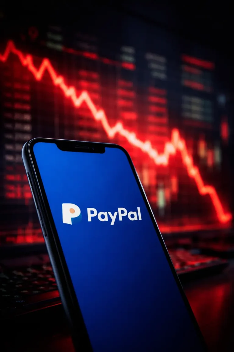 PayPal Logo auf Smartphone vor fallendem Aktienchart