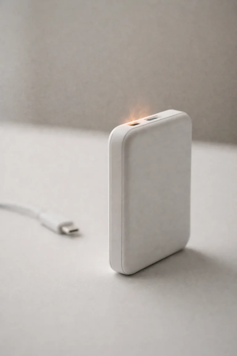 Close-up of portable charger with subtle overheating glow near charging port amid Canada fire hazard recall warning.