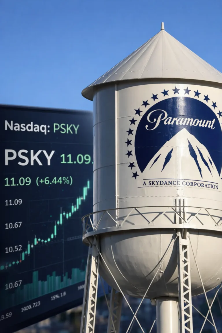 Paramount Skydance water tower with PSKY Nasdaq stock chart rising near $11 amid Warner deal talks