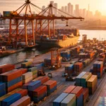 Qube logistics port terminal with cargo containers as shares surge on $8.3B Macquarie takeover ahead of ASX open