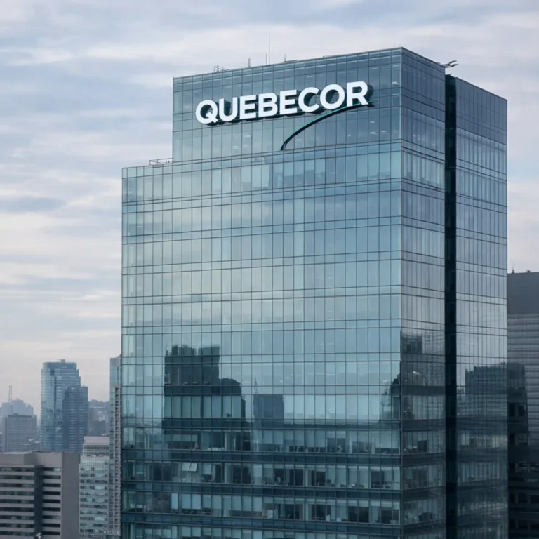 Quebecor headquarters building in Montreal reflecting skyline, representing QBR-B.TO stock surge after analyst target upgrades