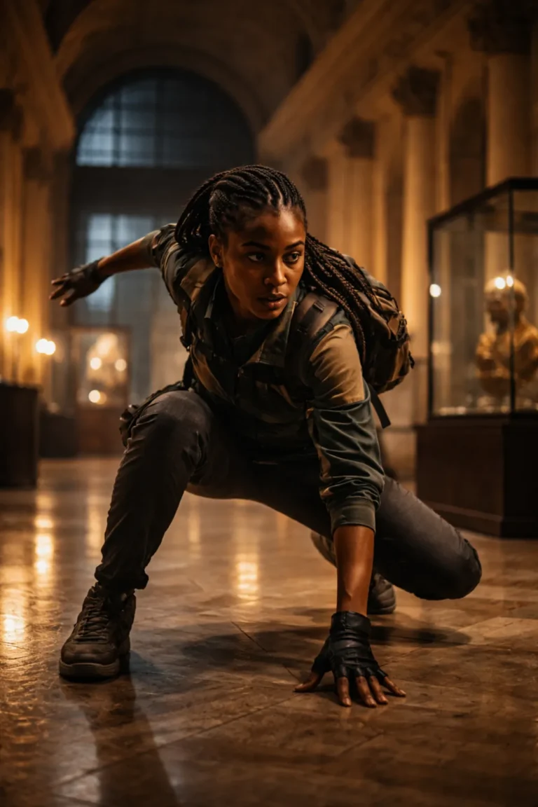 Parkour athlete inside a grand museum hall symbolizing the Relooted South African video game about reclaiming artefacts.