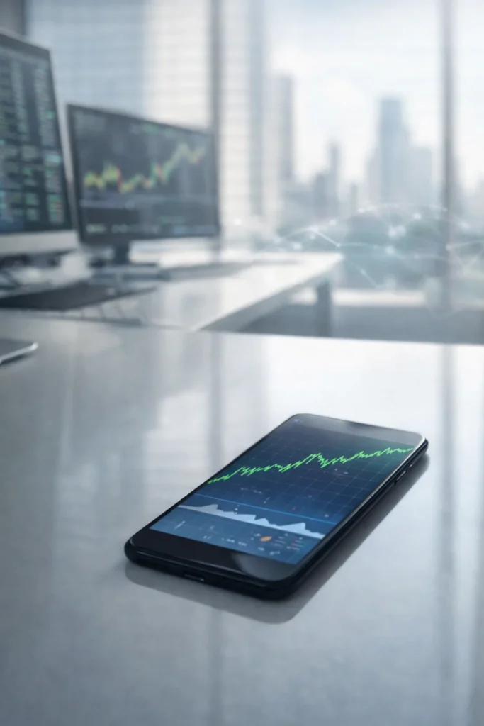 Mobile phone showing rising stock chart representing Remitly RELY shares gaining after strong earnings results.