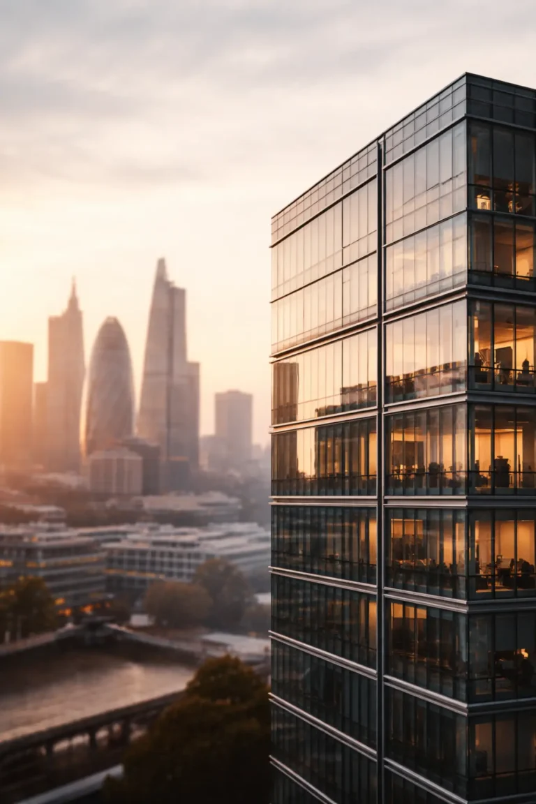 Rio Tinto corporate office tower in London financial district at sunrise ahead of earnings announcement