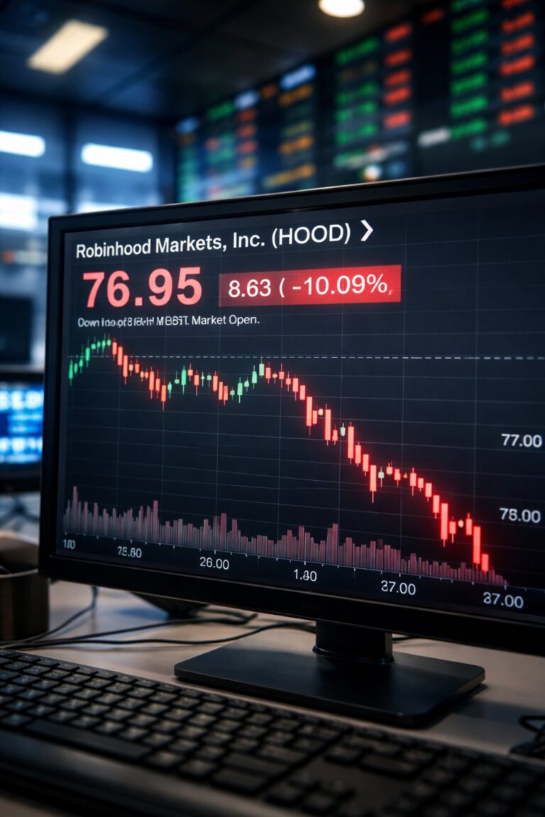 Robinhood (NASDAQ: HOOD) stock chart showing a 10% drop after earnings with red candlestick decline on trading monitor