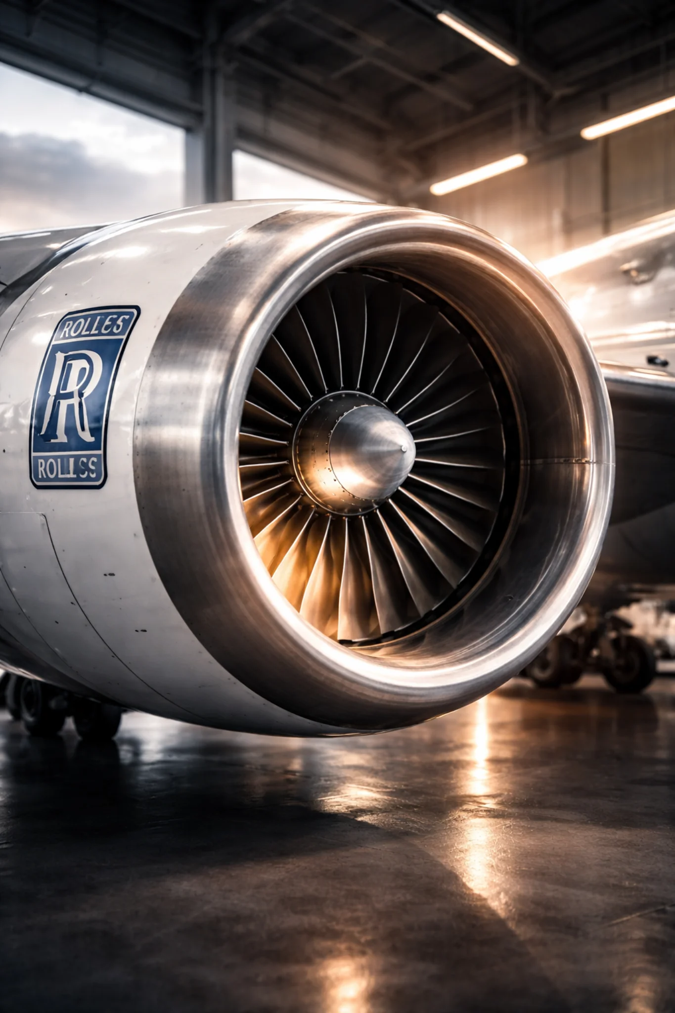 Close-up of a Rolls-Royce jet engine turbine inside a hangar with warm lighting and reflective floor
