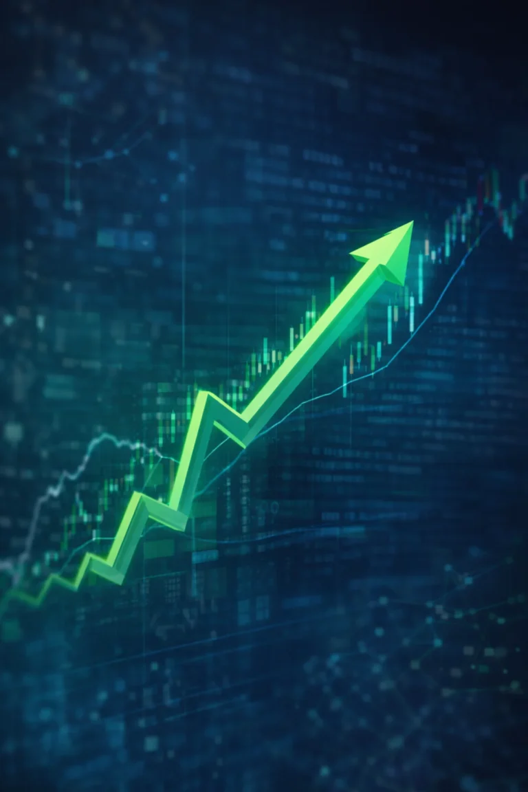 Green upward stock chart arrow on digital trading screen representing Rackspace RXT stock surge amid AI-driven market momentum.