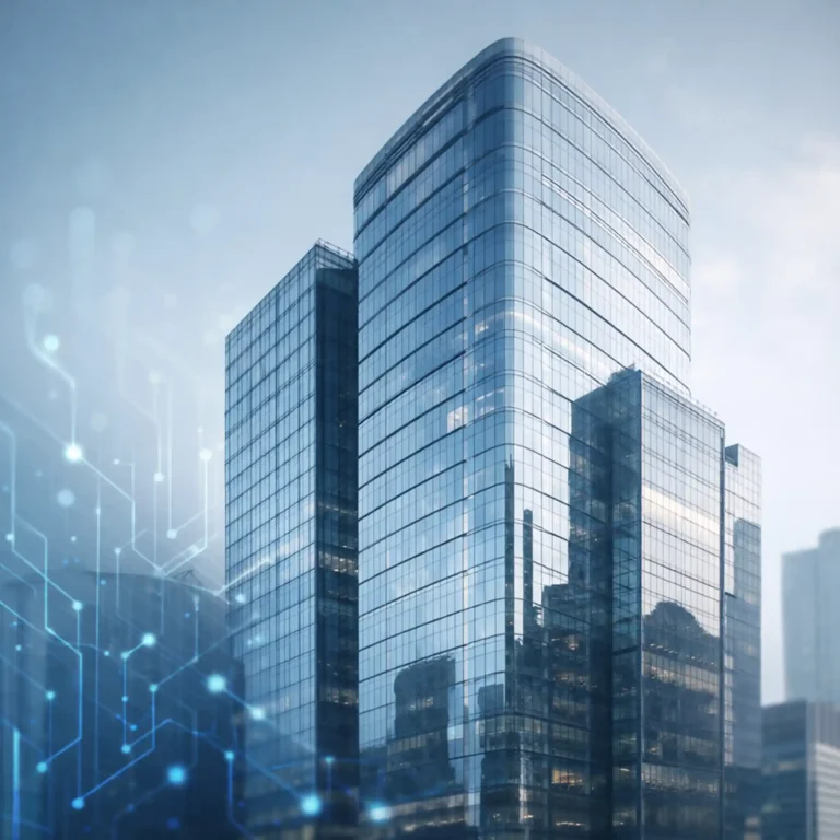 Salesforce headquarters glass tower with subtle AI-inspired digital circuitry overlay representing enterprise software and cloud computing innovation