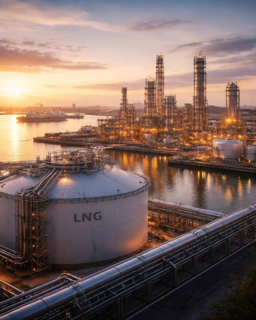 Shell LNG terminal and refinery infrastructure at sunrise, representing global energy production and cash-generating assets