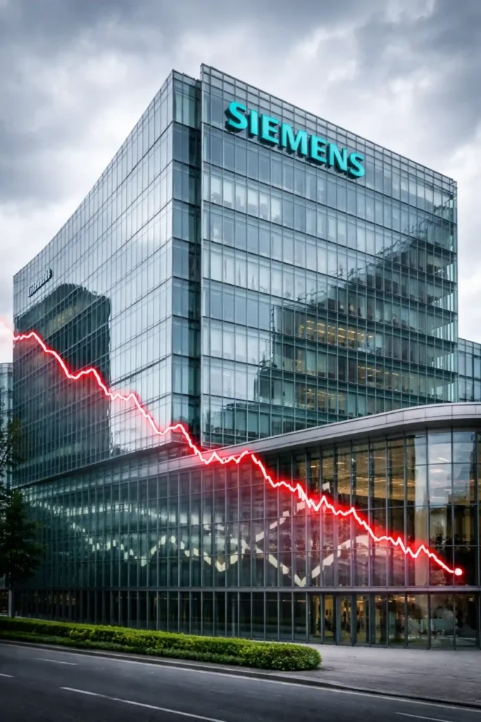 Siemens Aktiengesellschaft headquarters in Munich with subtle red stock chart reflection representing share price decline on XETRA