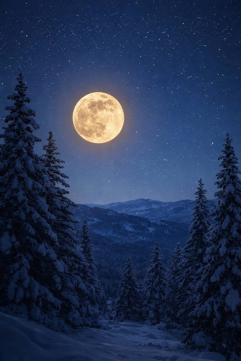 February full Snow Moon glowing over a snowy winter landscape at night