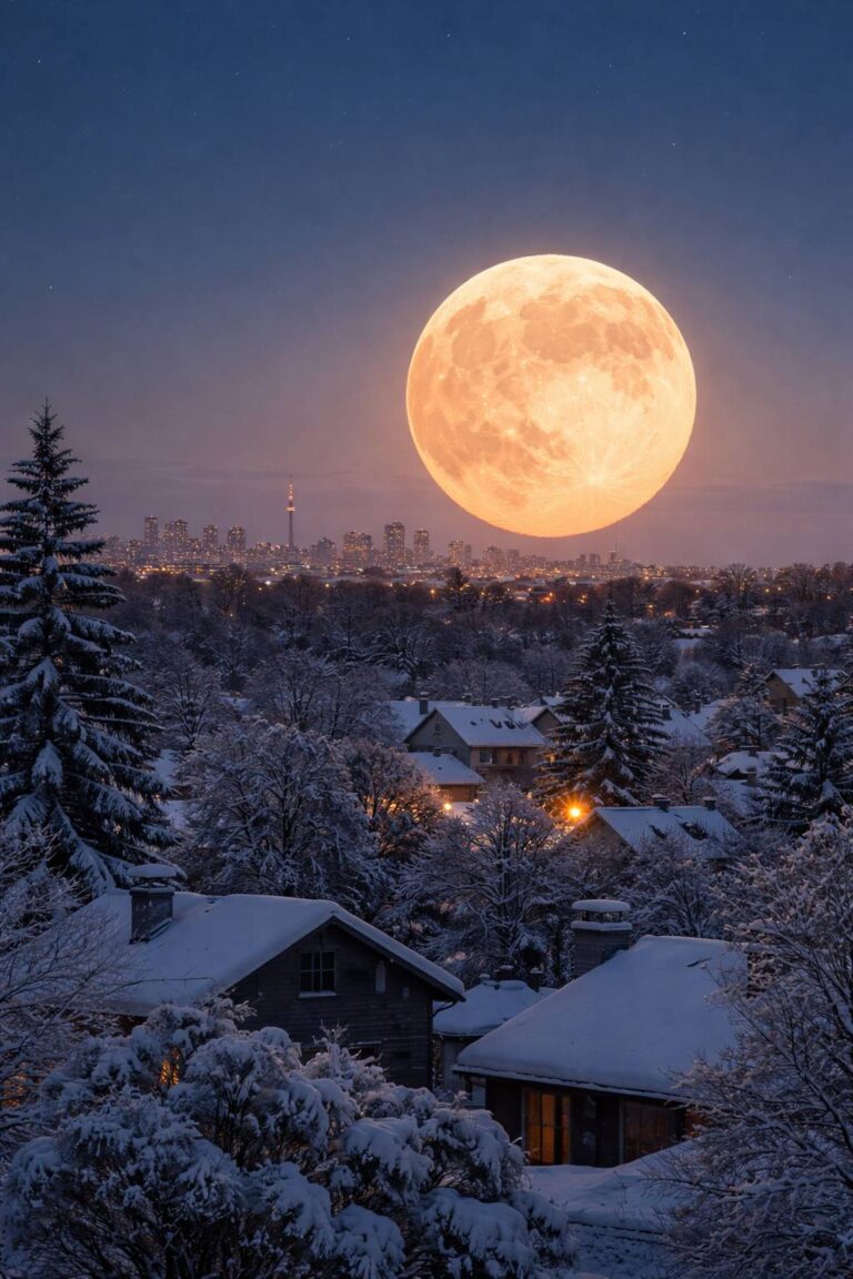Illustration - February full Snow Moon rising over snowy Ontario skyline at dusk