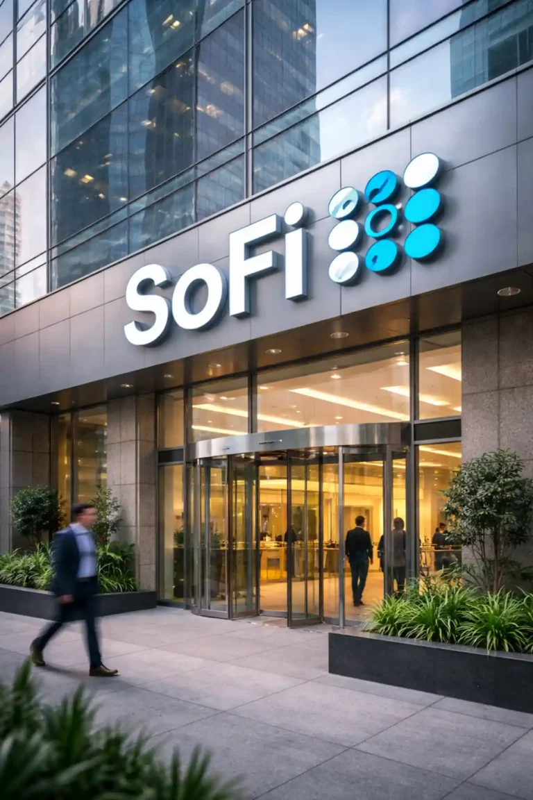 SoFi Technologies headquarters exterior with modern glass facade and corporate logo at building entrance