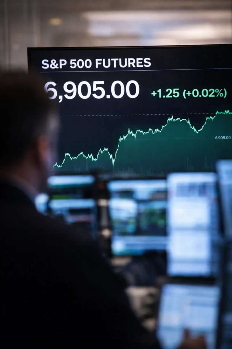 S&P 500 futures trading near 6,905 on digital market screen with upward green chart on Wall Street trading floor