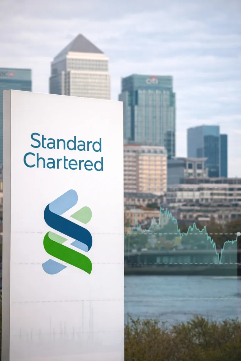 Standard Chartered PLC branding against London financial district backdrop with market trend chart, symbolizing STAN.L share price performance.