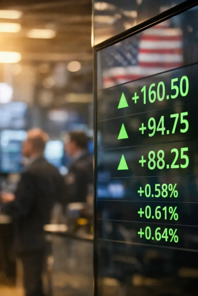 Dow and Nasdaq futures rise on a digital market screen with green upward arrows as traders stand blurred in the background on a U.S. trading floor.
