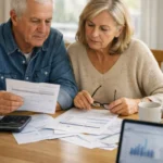 Australian retired couple reviewing superannuation documents and bills at home amid rising retirement savings targets