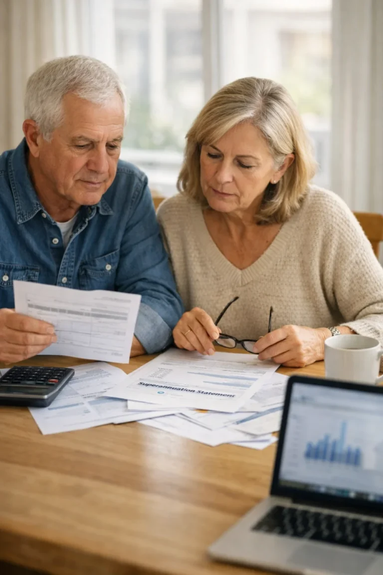 Australian retired couple reviewing superannuation documents and bills at home amid rising retirement savings targets